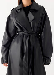 Out On The Town Faux Leather Midi Trench - Black