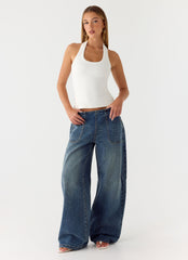 Seethal Low Rise Washed Denim Jeans - Mid Wash Blue