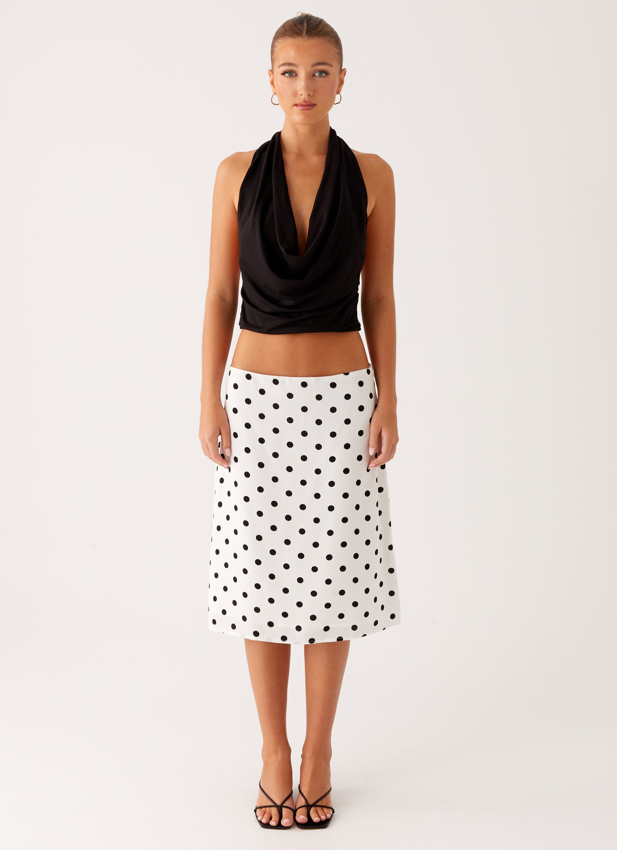 Evoke Chiffon Midi Skirt - White Polka Dot