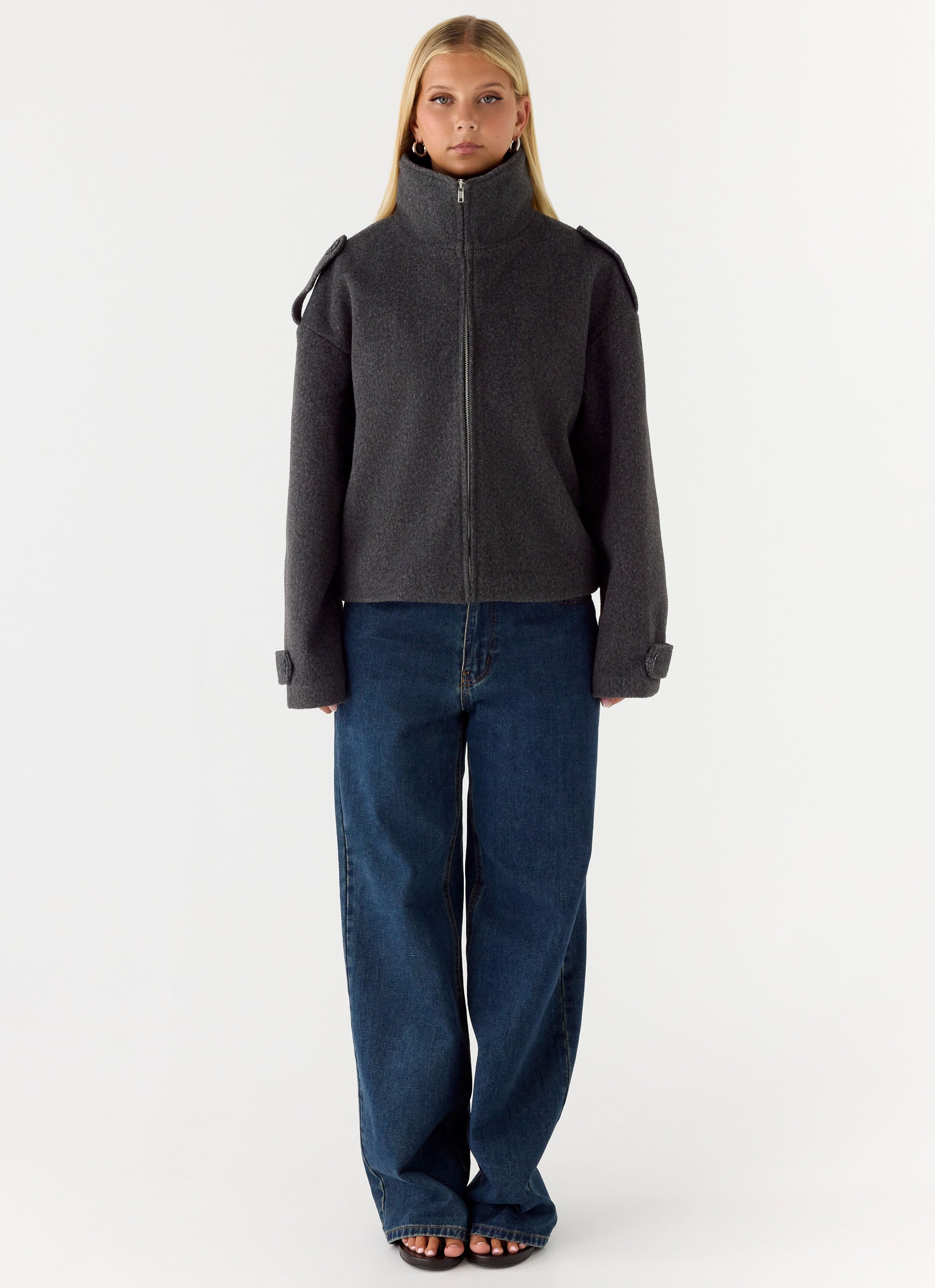 Kaiden Faux Wool Bomber Jacket - Charcoal