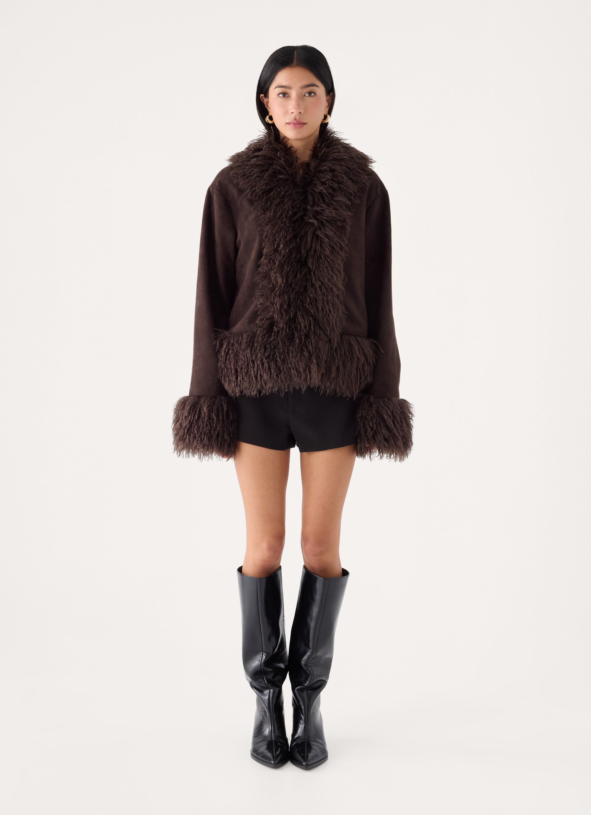 Kamsy Faux Fur Trim Coat - Chocolate