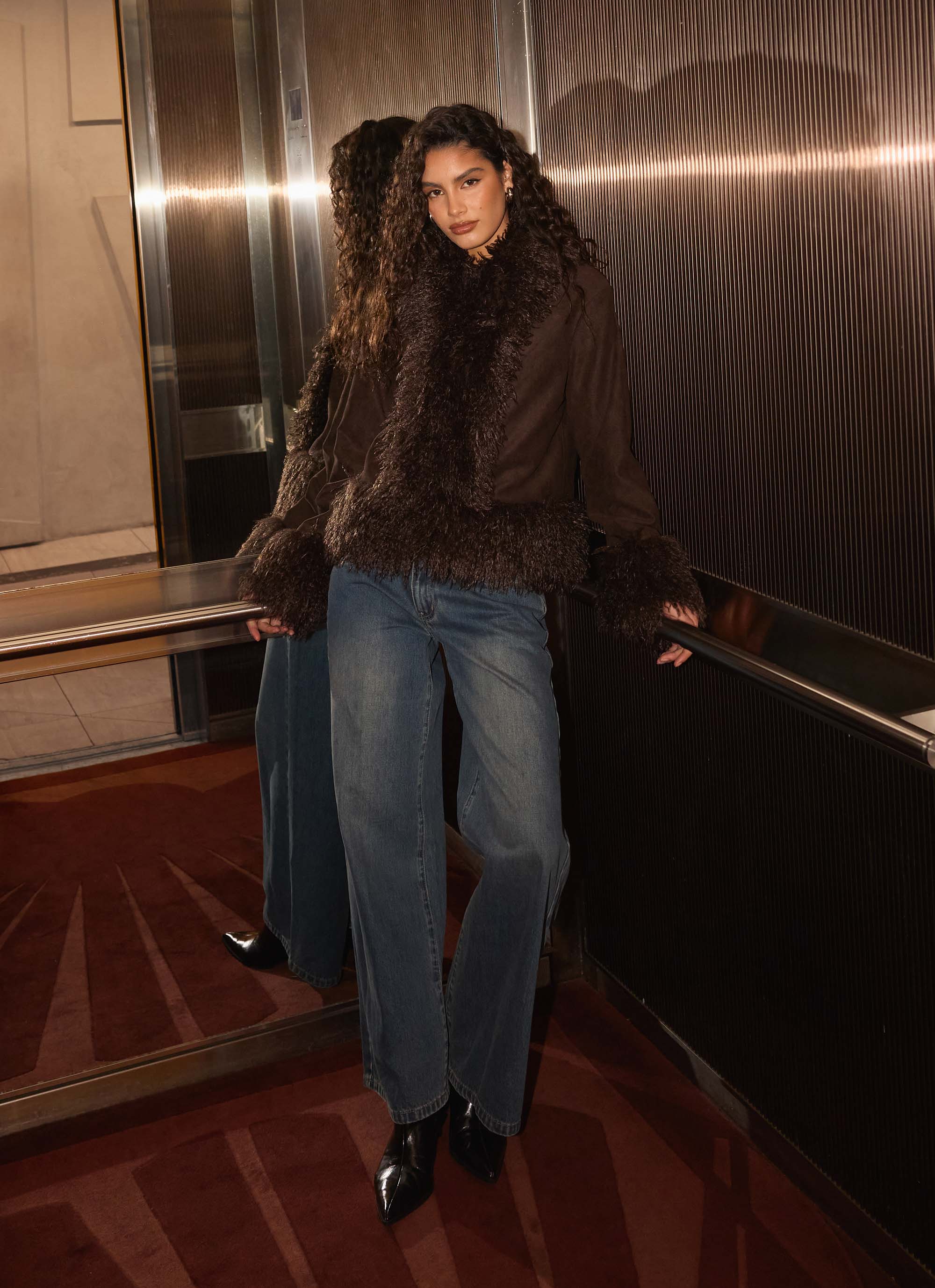 Kamsy Faux Fur Trim Coat - Chocolate