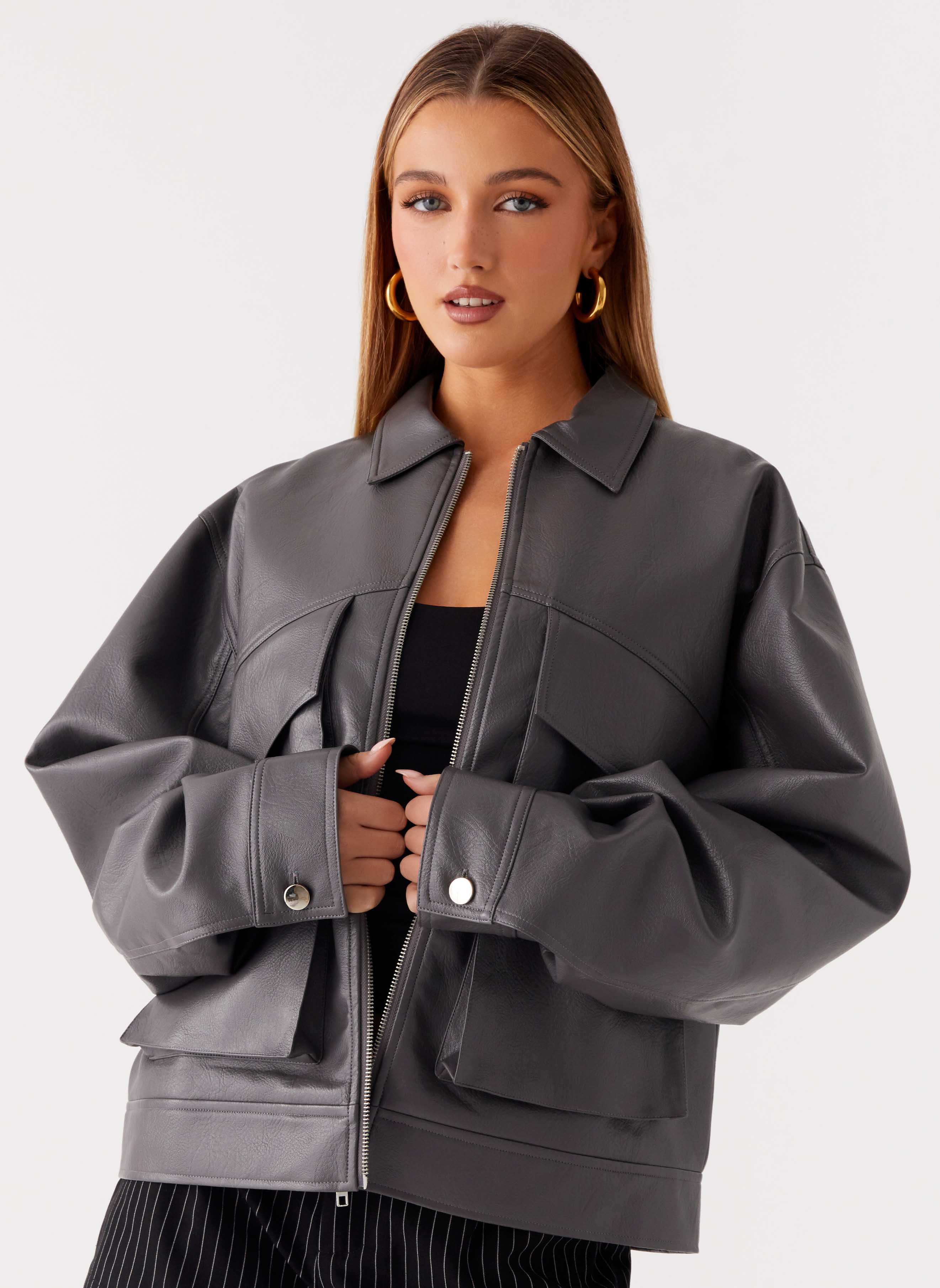 Lula Faux Leather Bomber Jacket - Charcoal