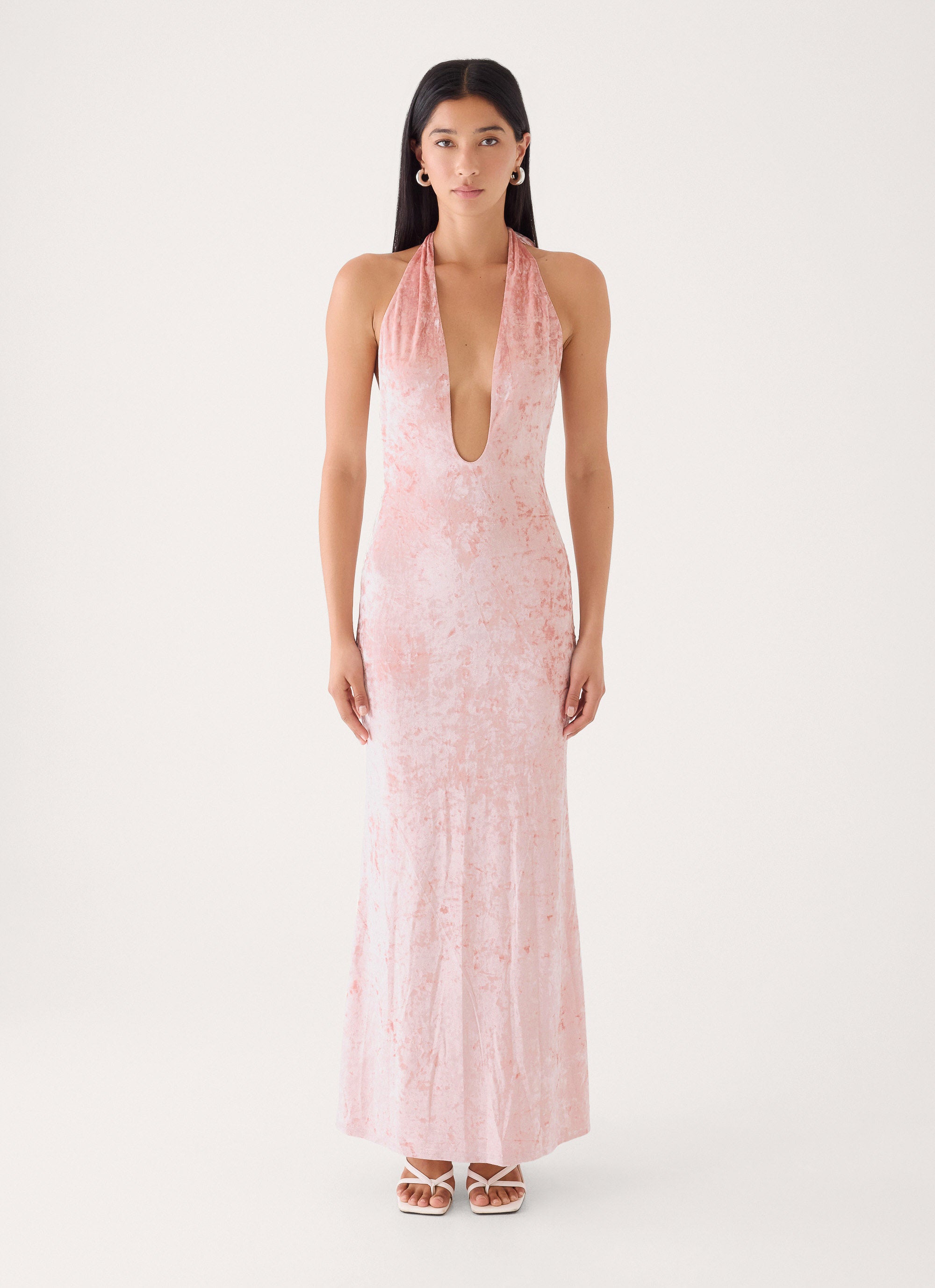 Memory Lane Crushed Velvet Halter Maxi Dress - Soft Pink
