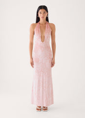 Memory Lane Crushed Velvet Halter Maxi Dress - Soft Pink