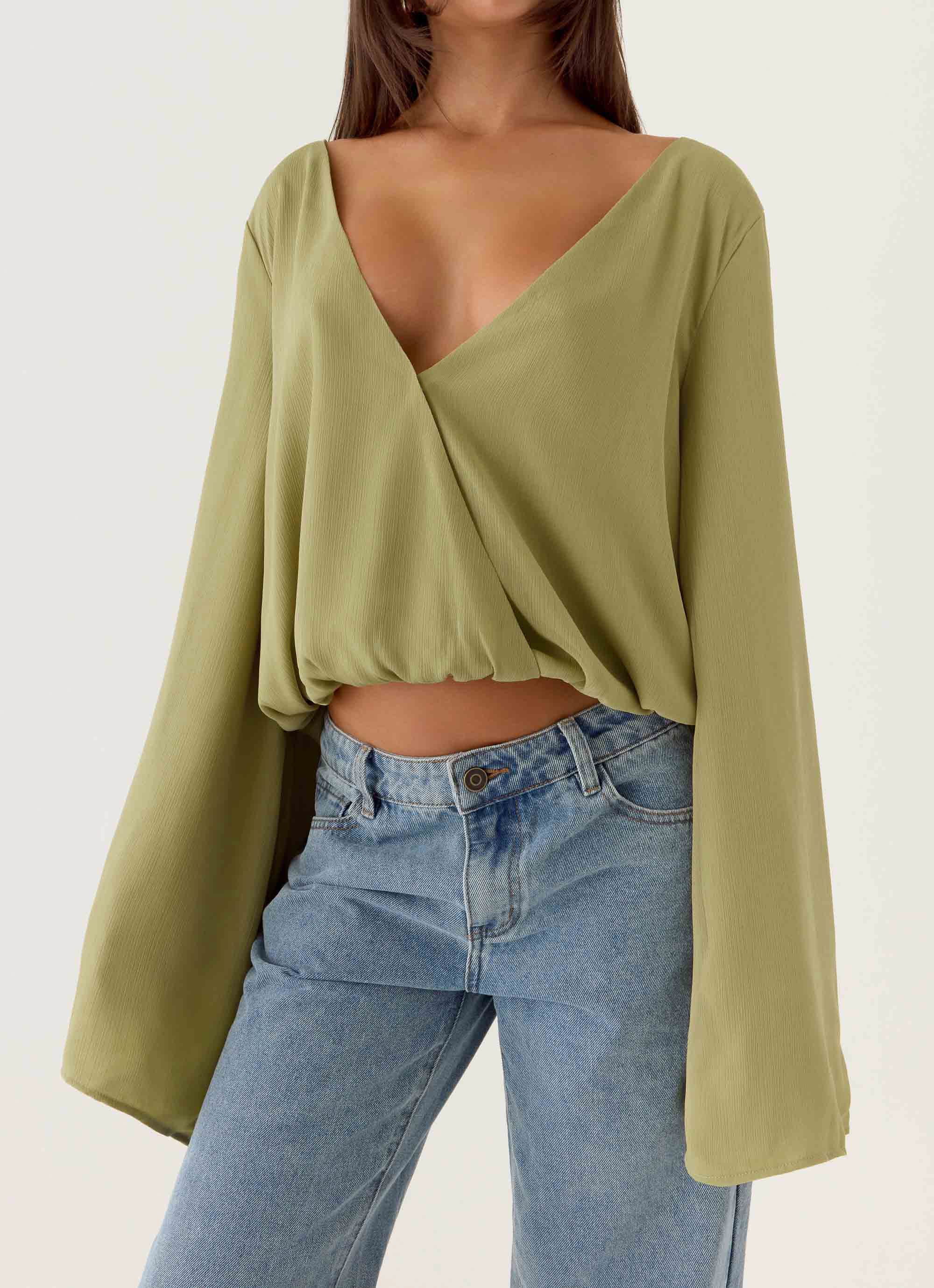 Orelia Long Sleeve Top - Green Olive