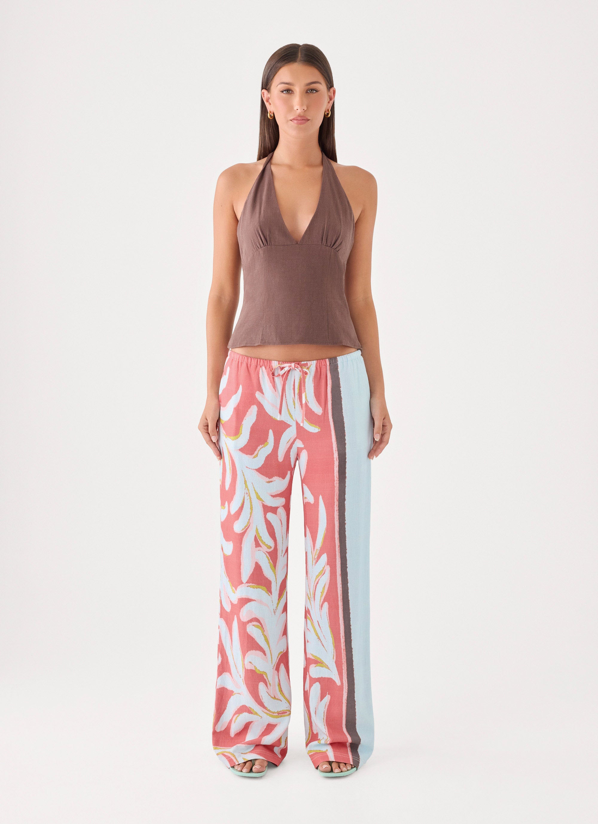 Santina Linen Pant - Coral Palm Print