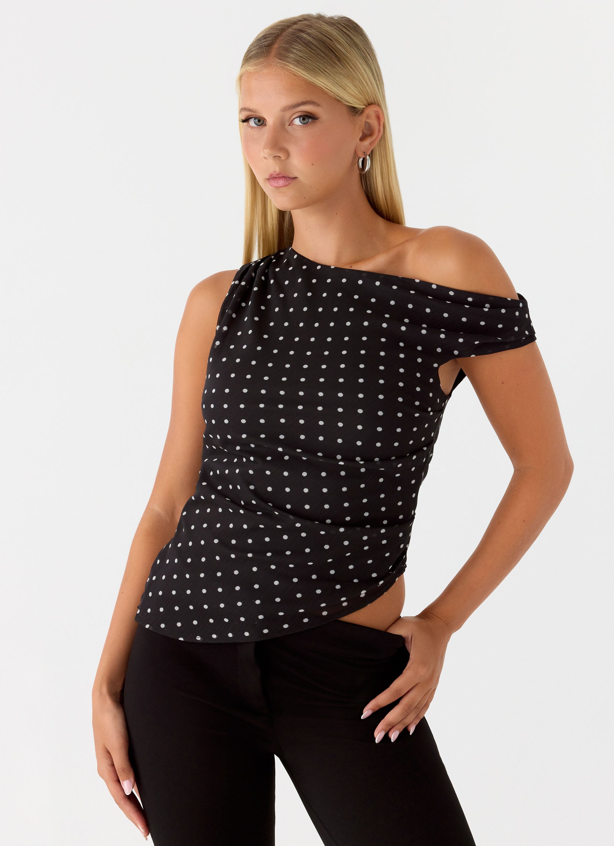 Stereotype One Shoulder Top - Black Polkadot