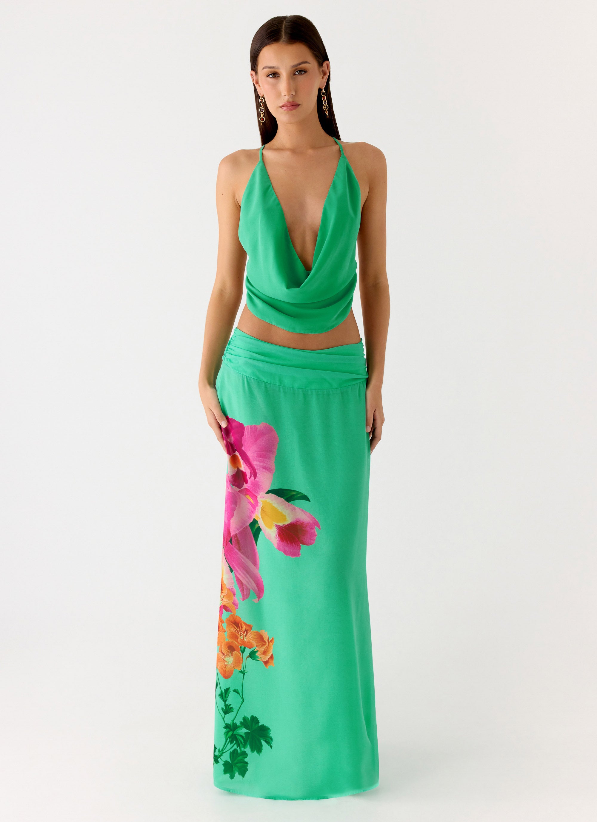 Sweet Charm Cowl Neck Top - Jungle Bloom