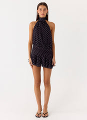 Willow Chiffon Mini Dress - Black Polkadot