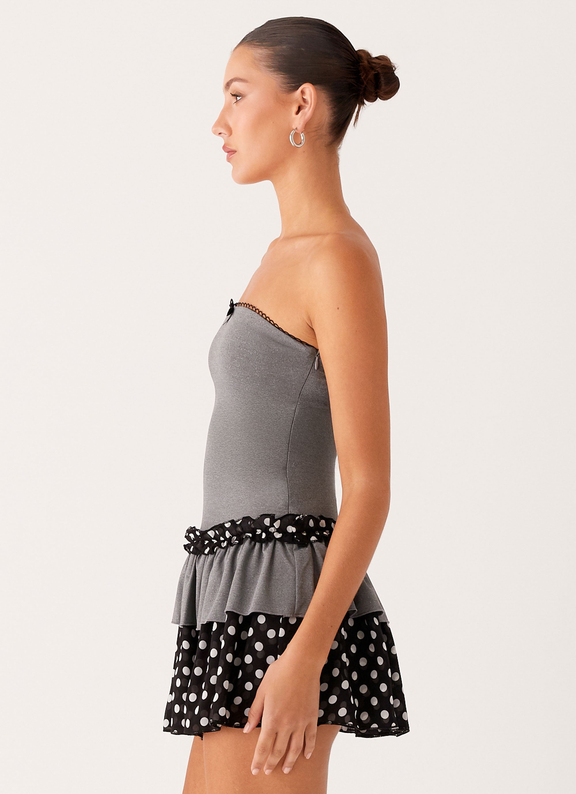 Yerin Strapless Frill Mini Dress - Grey Polkadot